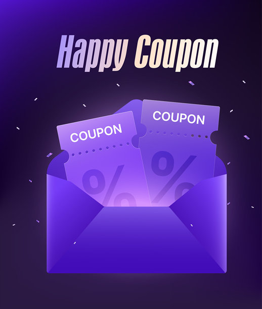 3d紫色主题的开心优惠券插画，展示了一个打开的信封，里面装着带有百分号的折扣券和纸屑装饰。图片下载