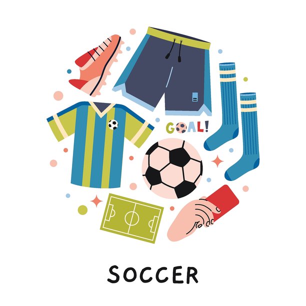 足球主题的圆形构图。足球、球鞋、球衣、卡牌及团队比赛配件。潮流矢量插画，孤立在白色背景上，手绘，扁平化设计图片下载