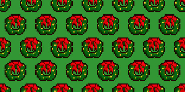 节日像素圣诞花环图案，带有红色蝴蝶结和绿底灯饰。复古冬季装饰，适用于节日包装纸、纺织品、壁纸、礼品包装和温馨的季节性项目。图片下载