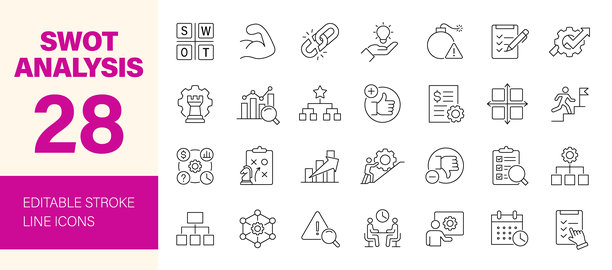 SWOT分析图标集。可编辑的线条图标。矢量插画。图片下载