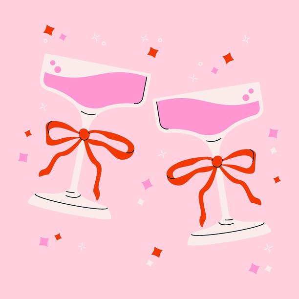 蝴蝶结马提尼鸡尾酒。抽象酒精饮品，配有丝带和蝴蝶结，可爱的少女设计，适合情人节，潮流俏皮女性化，两个派对酒杯。矢量扁平插画图片下载