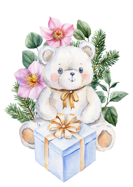 水彩泰迪熊，配有蓝色礼品盒、粉色花朵和冷杉枝，可爱的冬季插画，适合节日贺卡和装饰设计。图片下载