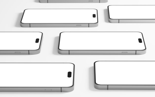 逼真的智能手机模型。一组带有空白白色屏幕的手机样本，孤立在白色背景上。设备正面视图。3D图像图片下载