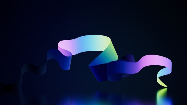 动态扭曲的霓虹条纹，闪耀着蓝色和紫罗兰色，在深色背景上充满活力的运动。3D渲染插画。图片下载