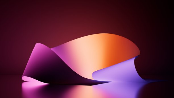 橙色、紫色和粉色折纸，带有霓虹光晕、戏剧性阴影和分层现代构图。3D渲染插画。图片下载