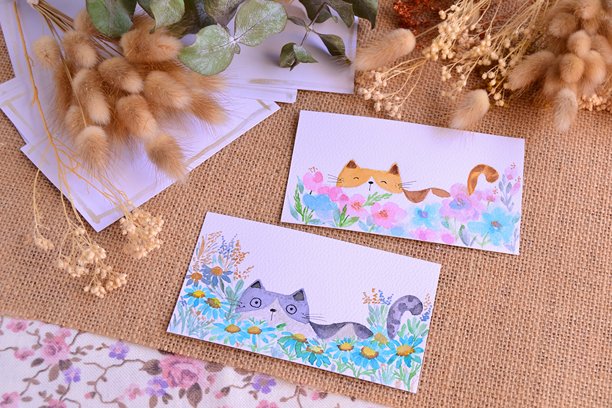 手绘水彩风的可爱猫咪、鲜花礼品卡生日贺卡插画图片下载