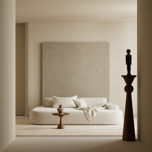 精美的客厅3D插画，展示了现代雕塑风格的室内设计，配有高大的木制底座人物雕塑、浅色中性沙发和柔和通风的日光。图片下载
