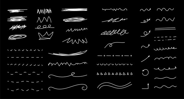 手绘涂鸦笔刷线条矢量图包。线条铅笔蜡笔箭头，叉号，文本引用框，星星，勾，标记图标集强调元素信息图表设计。手绘涂鸦装饰。矢量插画图片下载