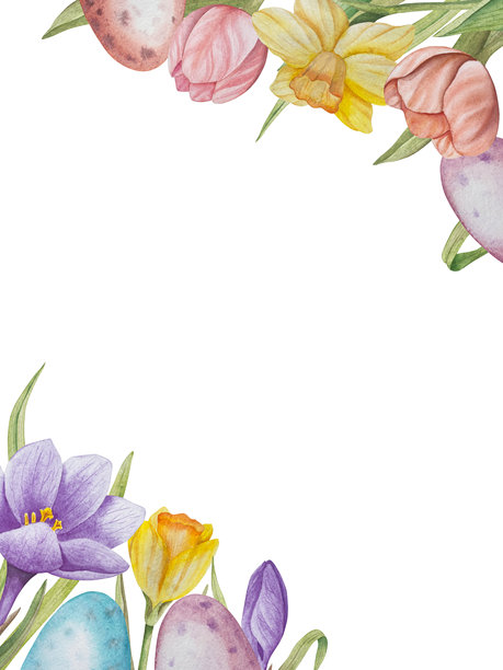 复活节花卉节日传统装饰元素集。水彩插画。彩蛋、蝴蝶结、春季花园花卉和篮子。用于花束、花环、明信片、祝福卡片的复活节装饰套装。图片下载