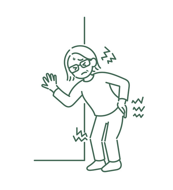 一位40多岁女性肩部、臀部和膝盖疼痛的插画，线条画。图片下载