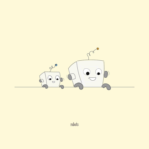 可爱的卡通机器人从线条草图插画上方探出头来图片下载