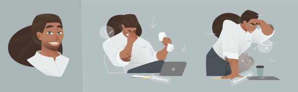 一位强壮的黑人商人的矢量插画，描绘了两种情绪状态——失败后的沮丧和与猫咪一起专注研究。卡通风格，展示了富有表现力的办公室瞬间。图片下载