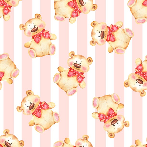柔和的粉白条纹背景上散落着可爱的水彩泰迪熊角色的无缝图案插画。图片下载
