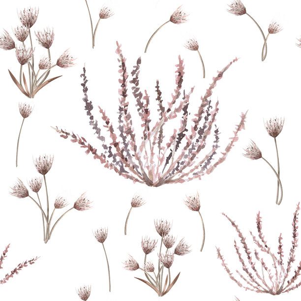 一幅无缝的图案，描绘着小粉色花束和草原。适用于花店设计、环保项目、旅行社网站和企业形象的矢量插画。图片下载