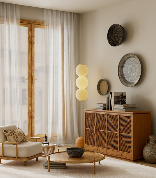 极简阅读角，配有舒适的扶手椅、木柜、落地灯，采用柔和的米色调，自然光照亮，营造温馨宁静的氛围。3D插画。图片下载