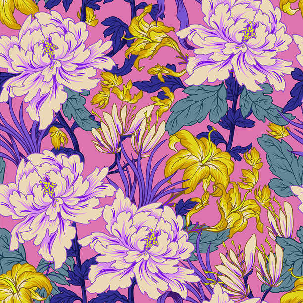 矢量插画，描绘了鲜艳的粉色和红色牡丹无缝图案图片下载