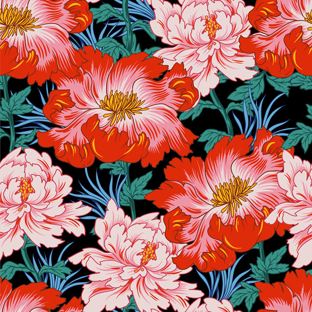 矢量插画，描绘了鲜艳的粉色和红色牡丹。这种时尚多彩的图案非常适合纺织品、壁纸、包装和装饰项目。图片下载