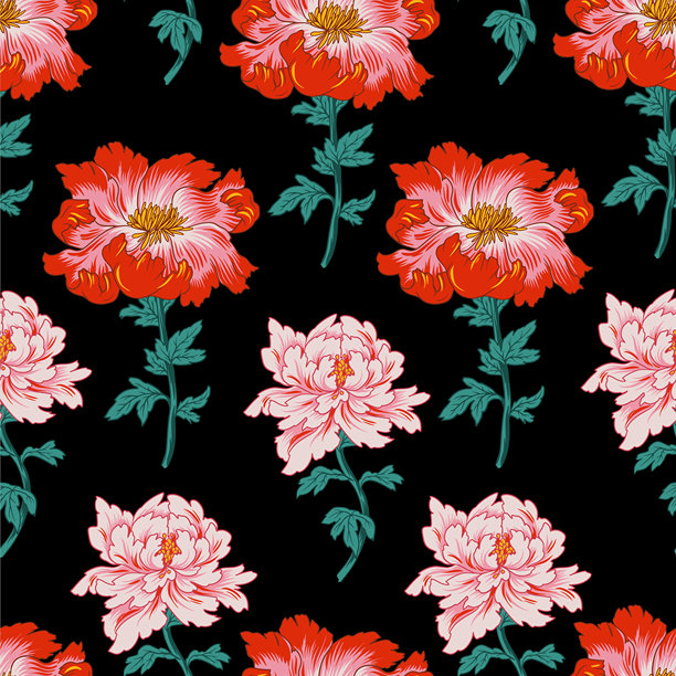 矢量插画，描绘了鲜艳的粉色和红色牡丹。这种时尚多彩的图案非常适合纺织品、壁纸、包装和装饰项目。图片下载