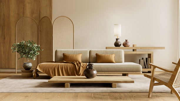 极简日式斯堪的纳维亚客厅，以暖木色、飘逸的中性色调和柔和日光下的精致有机和谐为特色。三维插画图片下载