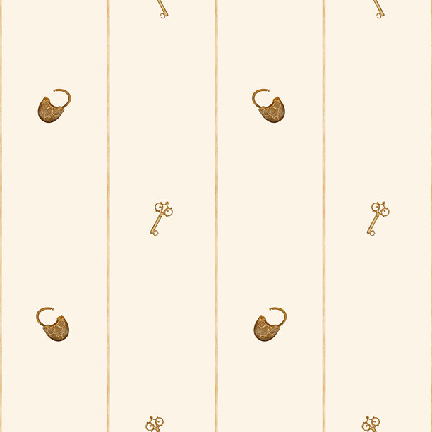 复古钥匙锁图案漂浮在条纹之间。儿童复古风格的手绘水彩插画。米色背景上的无缝印花，适合设计婴儿纺织品、壁纸和包装。图片下载