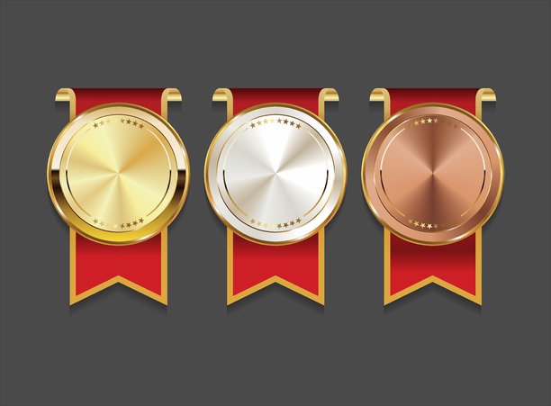 写实奖牌套装。金、银、铜空白奖牌的3D矢量写实插画。奖牌图标集。第一、二、三名奖牌或按钮图片下载