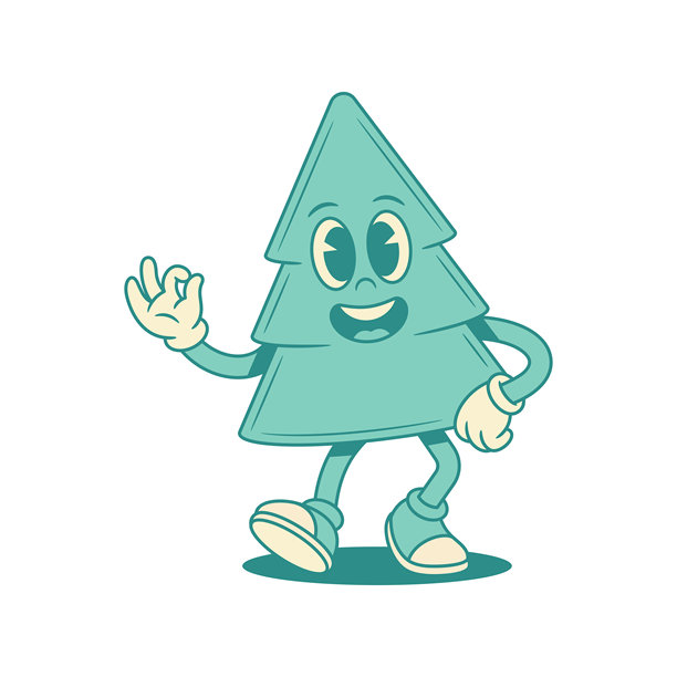 有趣的可爱绿色圣诞树卡通形象，竖起大拇指表示好的手势，矢量扁平化描边插画图片下载