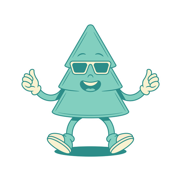 戴着太阳镜的酷炫绿色圣诞松树卡通形象，矢量扁平化插画轮廓图片下载