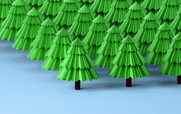 蓝色背景上的3D圣诞树图案 – 节日森林插画图片下载