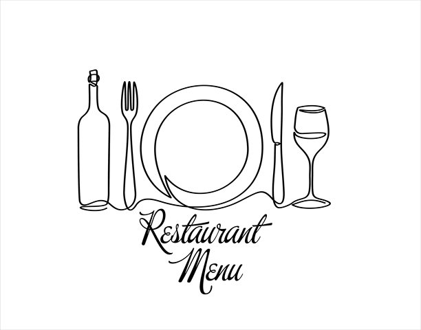 连续单线条绘制的盘子、叉子、刀、酒瓶和酒杯。餐厅菜单。菜单美食设计。矢量图。图片下载