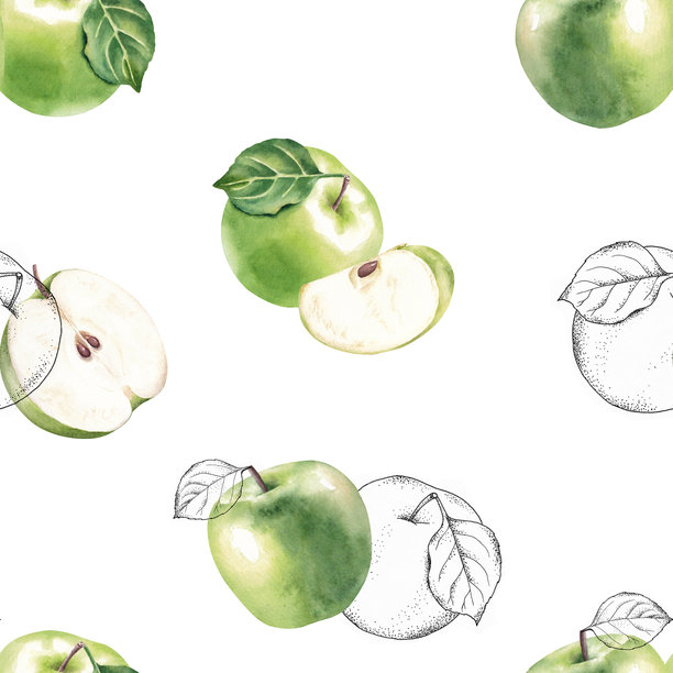 绿色苹果和轮廓元素的无缝图案。水彩手绘插画，孤立在白色背景上。图片下载
