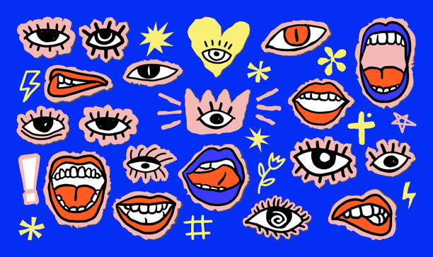 手绘风格的怪诞卡通剪纸眼睛和嘴巴，适用于现代平面设计、贴纸、纺织品印花、社交媒体视觉、青年时尚、创意品牌。古怪的流行和街头美学图片下载