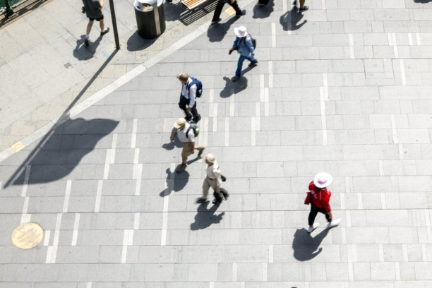 城市街道上行人模糊的航拍景象，背景留有复制空间图片下载