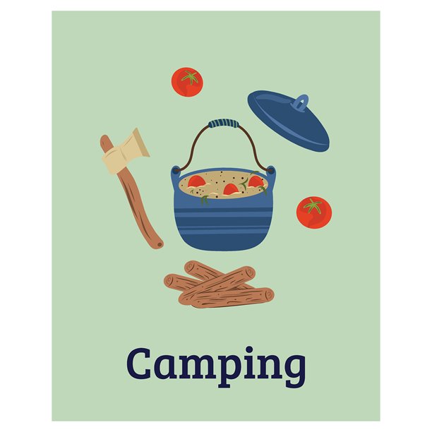 露营炊具海报、横幅。户外营火烹饪装备插画图片下载