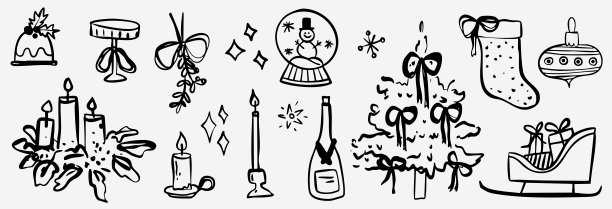 可爱的圣诞涂鸦图标，极简风格的草图。矢量节庆装饰品，冬季插画，包含雪花、彩旗、帽子、礼盒和棒棒糖。图片下载