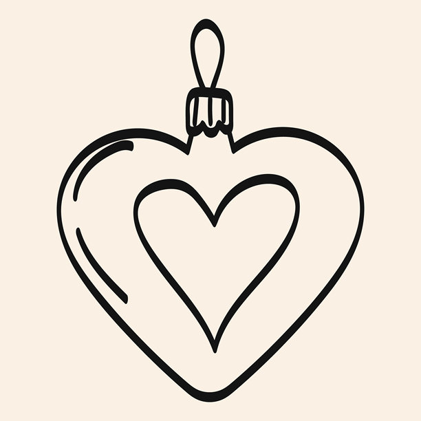 带有复杂设计的爱心形装饰品悬挂在简约背景前。复古涂鸦风格的圣诞树装饰品，圣诞插画。图片下载