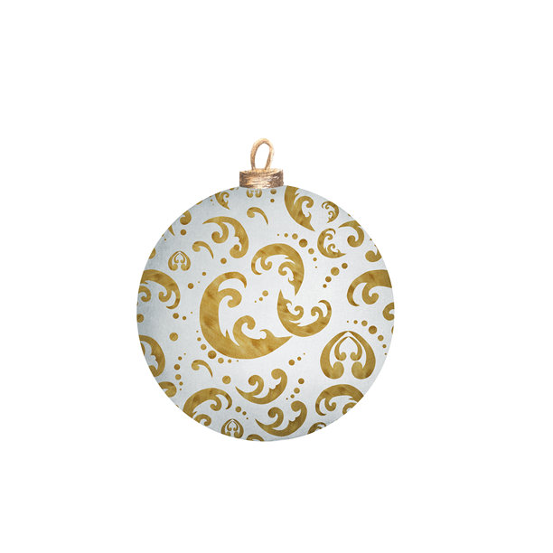 简单白色玻璃挂饰，带有金色图案，用于圣诞新年树装饰。节日剪贴画。手绘水彩插画，用于明信片、剪贴簿、贴纸的节日设计。图片下载