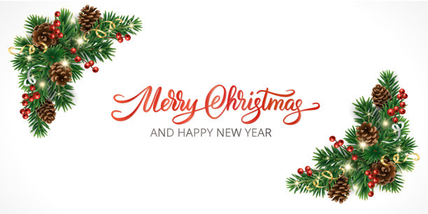 圣诞角落花环框架，饰有松果、红浆果、丝带和闪烁的灯光。优雅的书法“圣诞快乐”字母。逼真的节日矢量设计。图片下载