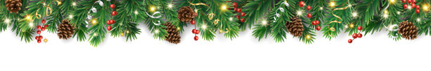 圣诞树花环无缝边框，饰有松果、丝带和冬青浆果。充满节日气氛的冬季装饰，散发着光芒。矢量文件，透明背景。图片下载