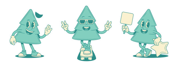 快乐漫画绿色圣诞树卡通人物集合，矢量平面插画图片下载