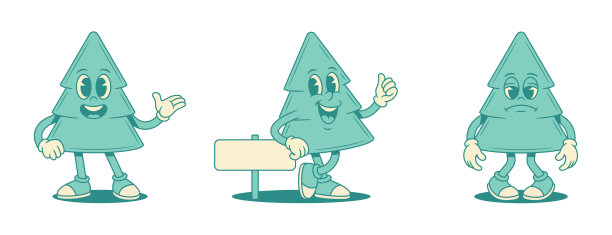 卡通版快乐绿色圣诞树角色集合，带轮廓的矢量扁平插画图片下载