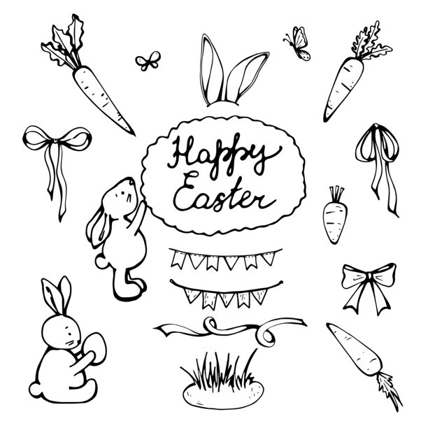 复活节快乐，可爱春季插画集，包含彩蛋、兔子、春日花卉和胡萝卜图片下载