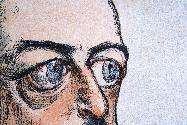 特写细节，男人蓝眼睛大睁，眼袋明显，复古插画，1890年代，维多利亚艺术，19世纪图片下载