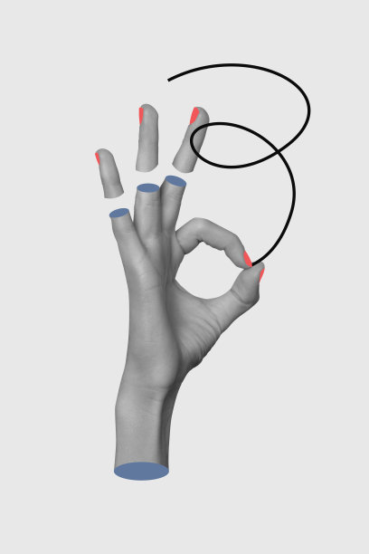 手势符号3D照片拼贴趋势复合草图模板，非语言表达，手指比OK，指甲颜色，线条涂鸦图片下载
