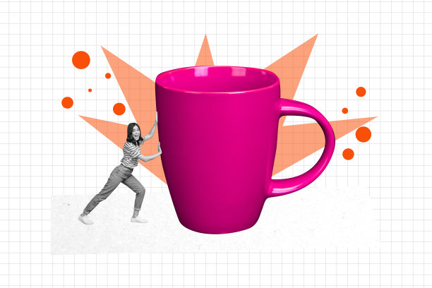 杂志艺术横幅草图，快乐女孩跳舞的3D照片拼贴，草本咖啡馆的幸福咖啡杯，咖啡店的碟子和马克杯图片下载