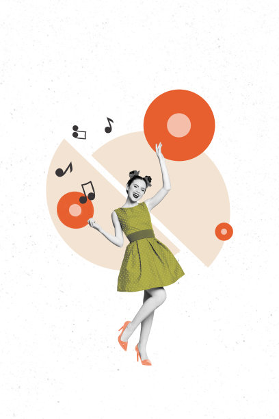 快乐的复古女郎跳舞、庆祝节日、播放黑胶唱片、充满90年代旋律和周五心情的娱乐三维海报横幅拼贴照片图片下载