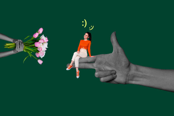 快乐漂亮女孩的3D海报艺术拼贴画，她坐着，伸出手展示手枪表情符号，微笑着，手里拿着郁金香花束，描绘了春季。图片下载
