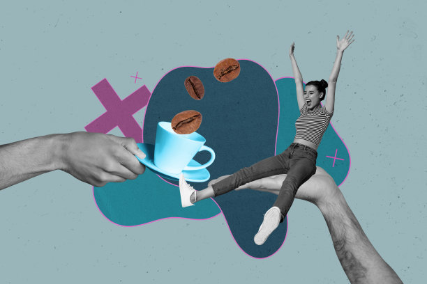 快乐女孩和男孩的艺术杂志拼贴照片，咖啡师手持咖啡杯提供早晨咖啡豆的幸福饮品图片下载