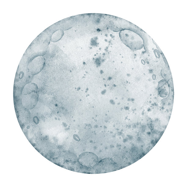 月亮水彩插画。柔和陨石坑的月球圆球图，采用柔和色彩，适合托儿所海报或婴儿送礼会贺卡。儿童邀请函或儿童文具的星空艺术。图片下载