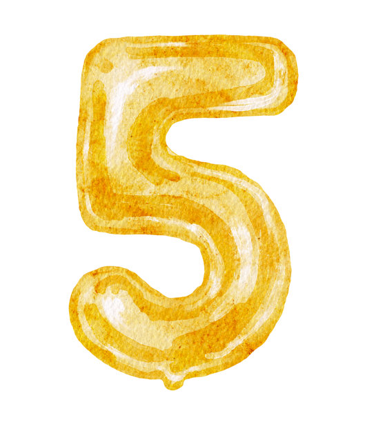 金色数字五水彩插画，孤立在白色背景上，生日剪贴画图片下载