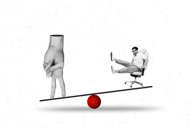 海报潮流草图模板，双指手部造型的3D照片拼贴，一个年轻男子坐在扶手椅上，举着重物，展现平衡、克服压力和工作的状态图片下载